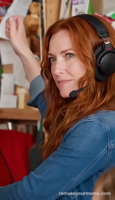 Red-haired adult woman in denim leads a five-person desk concert